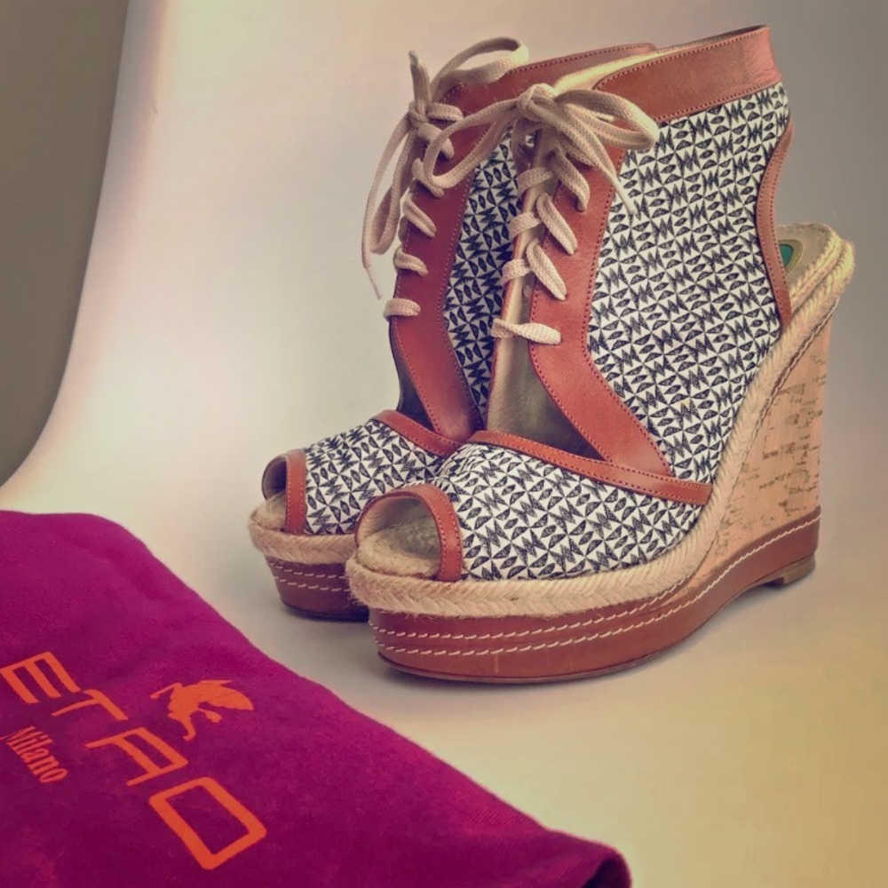 Etro Tan Leather & Black-White Pattern Espadrille Wedge Sandals